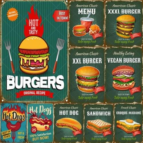 Hamburger Hot Dog Chichen Burger Bacon Kebab Vintage Metal Tin Sign Poster Home Kitchen Bar Restaurant Poster Plate Plaques