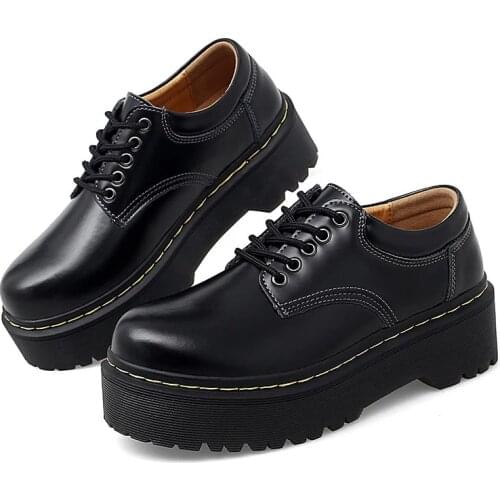 2021 New Spring summer Women Shoes Heel Female PU Upper Waterproof Breathable Lace-up Platform Martin Boots Black