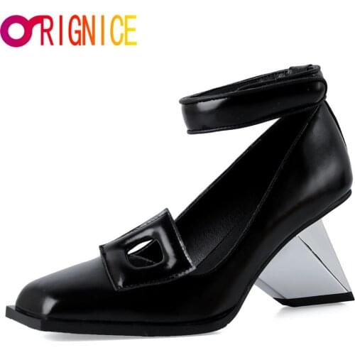 Orignice Natural Genuine Leather Women Pumps Strange Style Thick High Heel Fashion Square Toe Ankle Strap Magic Paste Party Shoe