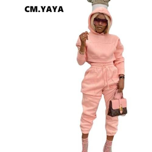 CM.YAYA Women Trakcsuit Solid Hoodies Tops + Pockets Pants Two 2 Piece Sets Female Casual Outfit Sporty Sweatsuits Autumn 2021