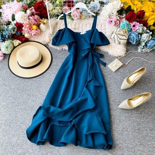 FMFSSOM Summer Spring Spaghetti Strap Slash Neck Ruffles Lace-Up Irregular A-line High Waist Women Female Pink Black Midi Dress