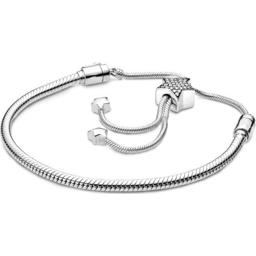 2019 NEW 100% 925 Sterling Silver Moments Pave Star and Snake Chain Sliding Bracelet Fit Women Original Fashion DIY Jewelry Gift