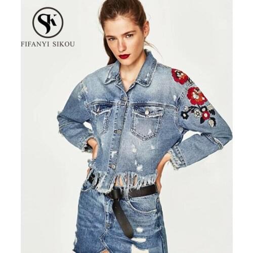 2020 Womens Fashion Embroidery Short Denim jacket Tassel Pocket Vintage Jeans jacket women Casual Loose Basic Coat Streetwear