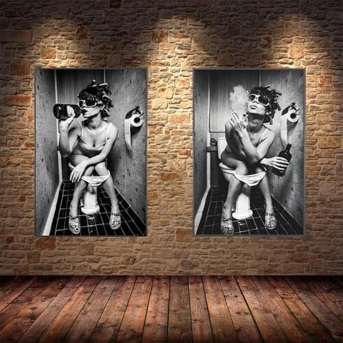 Black White Sexy Woman Sitting Smoking Canvas Paintings Posters and Prints Wall Art Pictures for Toilet Wall Decoration Cuadros