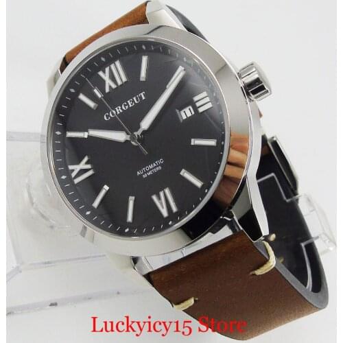 CORGEUT 41mm Automatic Watch Men Date Window Polished Silver Color Case ST Movement Leather Strap Sapphire Glass