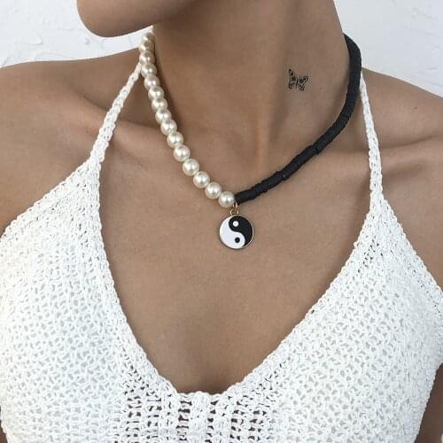 DIEZI Hip Hop Clavicle Chain Round Pendant Necklace For Women Girls Imitation Pearl Beads Choker Collares Choker Necklace New