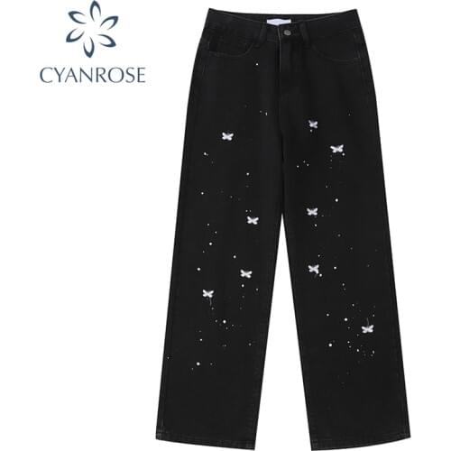 Black High Waist Jeans Woman Streetwear Straight Trousers Harajuku Gothic Fashion Baggy Wide Leg Jeans With Print Female