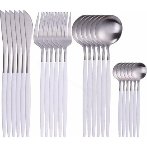White Gold Cutlery Set Stainless Steel Dinnerware Set 24Pcs Knives Forks Coffee Spoons Flatware Set Kitchen Dinner Tableware Set