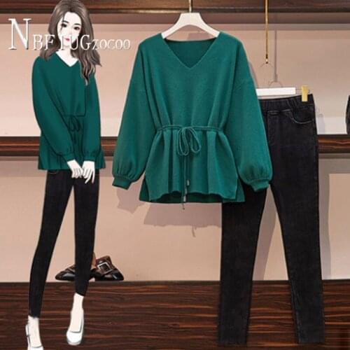 2020 Autumn New Plus Size Women Sets Loose Sweater And Black Jeans Female Sets