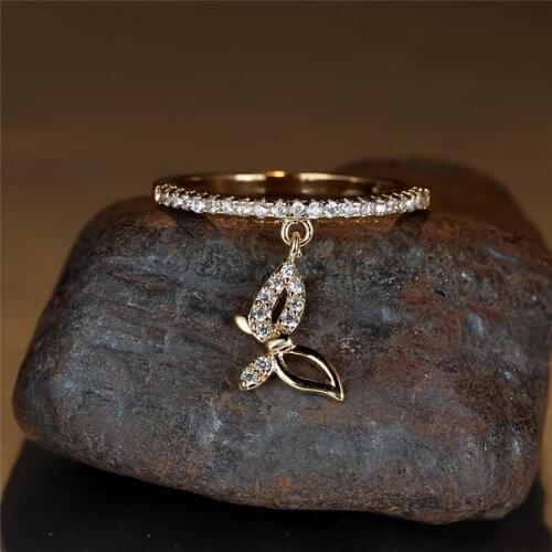 Antique Gold Silver Color Wedding Ring White Zircon Engagement Ring Cute Dainty Small Butterfly Pendant Rings For Women Jewelry