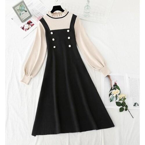 Autumn Winter Knit Long Dress Women Elegant Ruffle collar Slim A-line Sweater Dresses Double breasted Office Lady Casual Dress