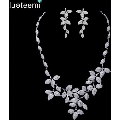 LUOTEEMI Tiny CZ Crystal Micro Paved Leaf Shape Statement Necklace Bridal Luxury White Gold-Color Wedding Jewelry Set For Women