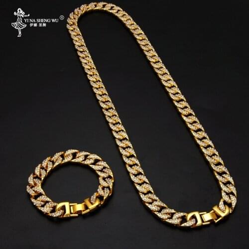 Hip Hop Iced Out Rhinestones Gold Silver Plated Necklaces For Mens 13mm Miami Cuban Link Chain Long Necklace Bracelets Jewelry