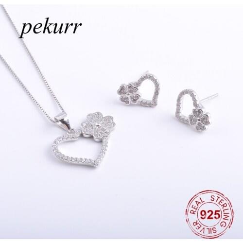 Pekurr 925 Sterling Silver Big 4 Leaf Clover Heart Earrings Necklace Sets For Women Hollow Zircon Heart Pendants Jewelry Set