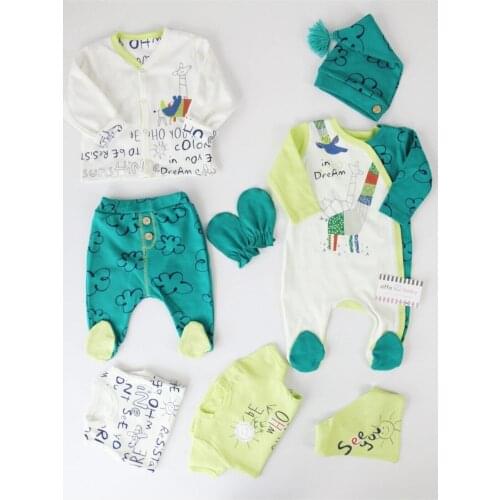 Newborn Essentials Natural Organic Embroidery Baby Boy Clothing 8 Pcs Set Soft 100% Cotton Men 'S Baby Green Zürafalı 8'li Set