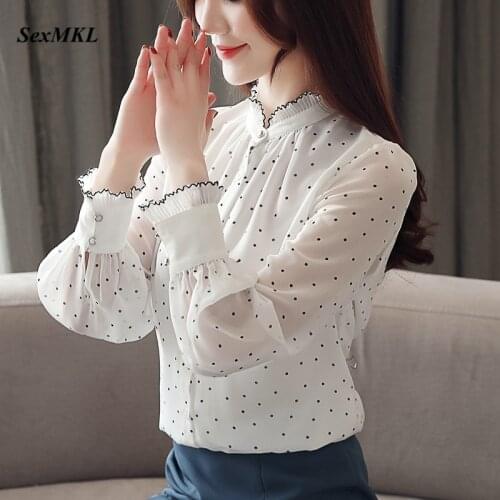 SexMKL Fashion Women Chiffon Blouse 2020 Autumn Long Sleeve Womens Tops and Blouses Shirt Dot Pattern Sexy Office Ladies Blouse