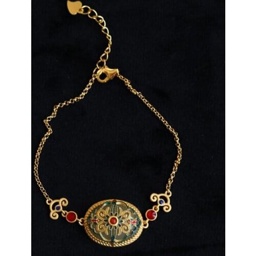 Retro Chinese Style Jewelry Charm Hollow Flower Gold Bracelet Oval Hetian Jade Tassel Pendant Necklace For Women Wedding Party