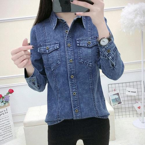 Blouse Women Shirt Denim Shirt Women 2021 Long Sleeve Dark Blue Denim Clothing Women Blusas Ropa De Mujer