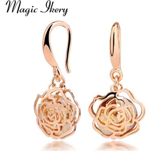 Magic Ikery Champagne Gold Color Zircon Romantic Rose flower Drop / dangle Earrings Wholesales Fashion Jewelry for women Y4479