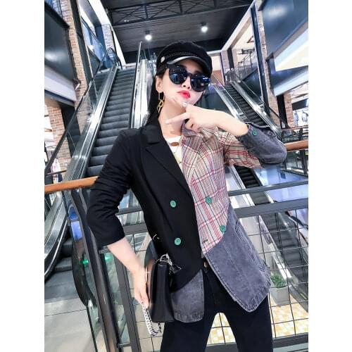 Womens Denim Stitching Temperament Suit Jacket New Lapel Long Sleeve Loose Fit Jacket Fashion Trend Spring Autumn Suit Coat