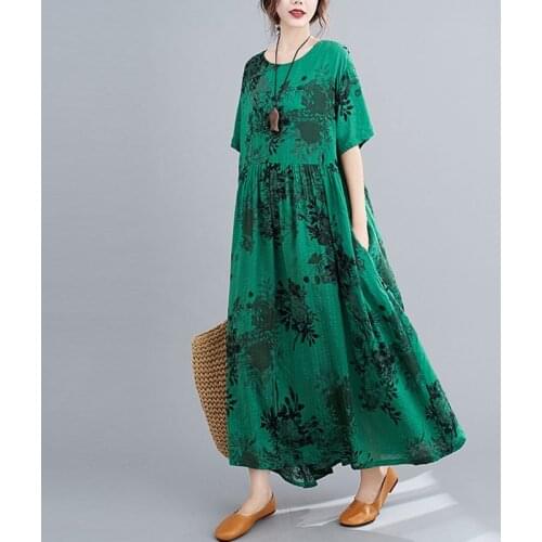Oversized Women Vintage Print Casual Dress New 2021 Summer Arts Style Loose Comfortable Female Cotton Linen Long Dresses S3040