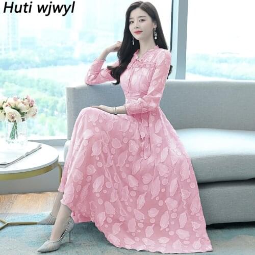 2021 Femal Chiffon Jacquard Midi Dress Spring Autumn New Vintage Plus Size Boho Beach Sundress Women Bodycon Party Maxi Vestidos