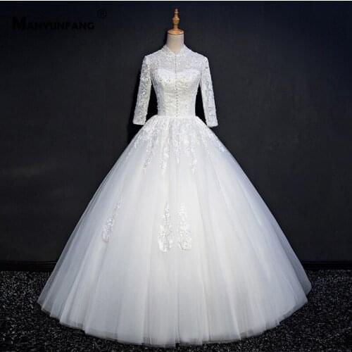 2021 Hot Sale Full Sleeve Sweep Train Lace Up Back Wedding Dress Elegant High Neck Embroidery Appliques Tulle Bridal Ball Gown