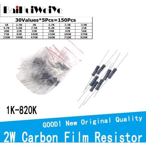 150PCS/LOTE 2W 5% Carbon Film Resistanc Kit 30Values*5Pcs 1K To 820K ohm Resistanc Set 3.3K 4.7K 5.6K 330K 470K 560K 750K 47K