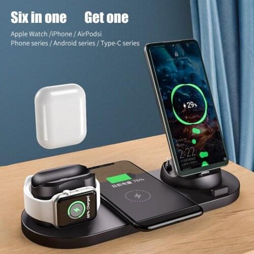 2021 6 in 1 Wireless Charger Dock Station for iPhone/Android/Type-C USB Phones 10W Qi Fast Charging For Apple Watch AirPods Pro