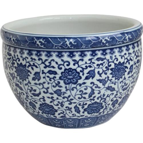 Floral And Vine Print For Goldfish Ceramic Fish Tank Round Blue And White Chinese Porcelain Fish Bowl Table Decorations