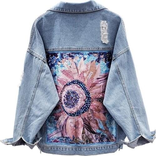 Denim Jacket Women Trendy Ins Spring Autumn 2021 New Loose Korean Wild Heavy Industry Hot Drilling Holes Bf Denim Jeans Jacket