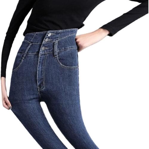 Autumn Winter Women Thicken Stretch Skinny Jeans Fashion Button High Waist Black Warm Jeans Lady Vintage Blue Denim Pencil Pants