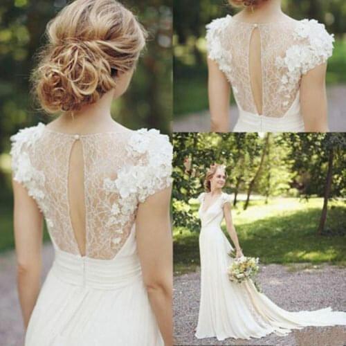 Elegant Boho 3D-Floral Appliques Wedding Dresses Country Style Sexy V Neck Short Sleeves Bridal Dresses With Sweep Train