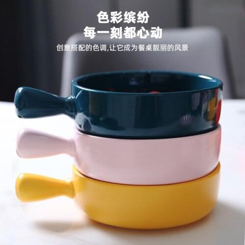 Nordic glaze salad bowl with handle rice bowl household ceramic bowl plate set instant noodles baked rice tableware baked plate