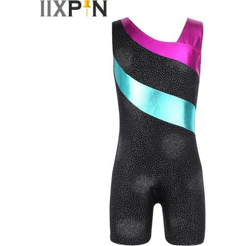 IIXPIN Kids Gymnastics Leotard Girls Ballet Dance Clothes One-piece Sleeveless Glittery Splice Ballet Dance Jumpsuit Unitards