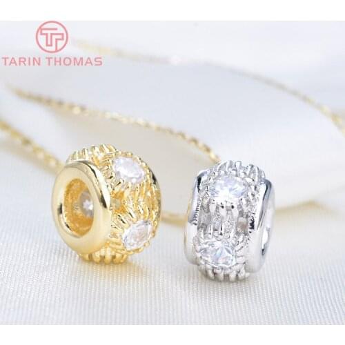 4PCS 9MM 24K Gold Color Plated Brass with Zircon Big Hole Beads High Quality DIY Jewelry Making Findings Accessories