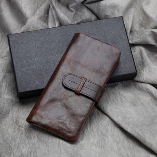 Men Oil Wax Genuine Leather Wallet Pocket Coin Credit Card Holder Vintage Clutch Bag Famous Brand Bifold Long Purse