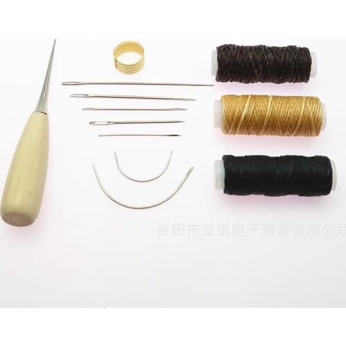 12 Pieces Hand leathercraft Tool Set with Needle Leather Waxed Thread Cord Drilling Awl and Thimble for Leather Repair