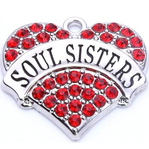 New Arrivalr 20 pcs a lot rhodium plated SOUL SISTERS with red/pink/blue/white crystal heart pendant Drop Shipping High Quality