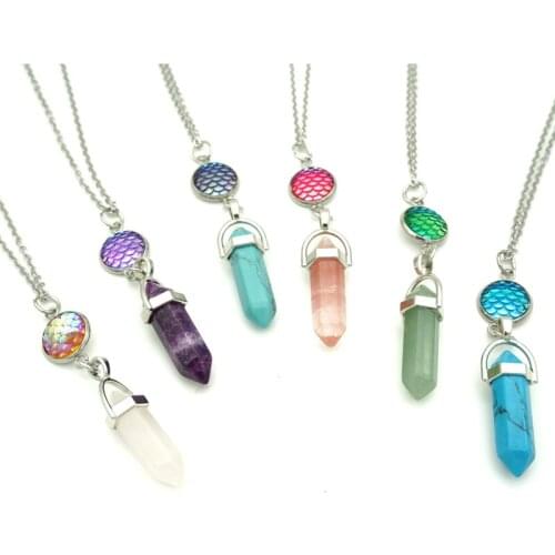 Mermaid Scales Drusy Fish Scale Necklace Druzy Crystal Hexagonal Prism Natural Stone Pendant Stainless Steel Chain Jewelry