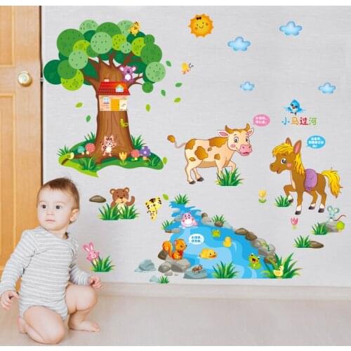 Cow Horse Tree Clouds Wall Stickers DIY Animals Wall Decals for Kids Room Baby Bedroom Home Decoration