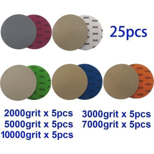 25pcs 5\" 125mm Hook Loop Wet/Dry 2000/3000/5000/7000/10000 Grit Sanding Discs Round Sandpaper Disk Sand Sheet