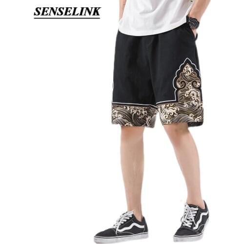 2021 Summer Cotton and Linen Casual Shorts Men Fashion Loose Japanese Embroider Beach Pants Sea Wave Print Stitching Shorts Men