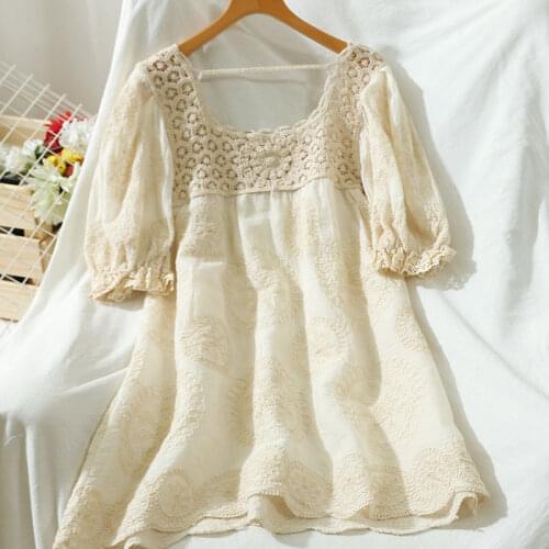 Women Blouse Summer Womens Hollow-out Lace Embroidery Retro Loose Midi Dress for Women Blusas Ropa De Mujer