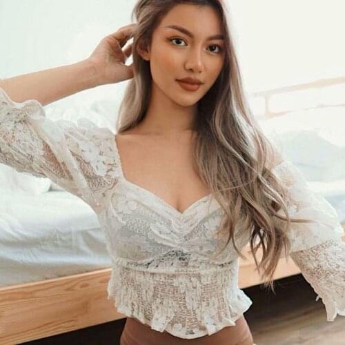 SEASONS Fashion Elegant Lace Solid White Lantern Sleeve Square Collar Female T-Shirt Summer Casual Slim Stretch Tops ASTS82824