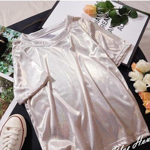 6Colors S-6XL Plus Size Shirts For Women Sparkly Shiny Reflective Metallic Loose tshirt Fashion O-Neck Short Sleeves Tops Tee