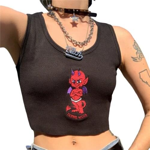 Womens T-shirts Y2k E-Girl Crop Top Harajuku Gothic Streetwear Sleeveless Embroidery Printed T-Shirt O-Neck 2021 Streetwear