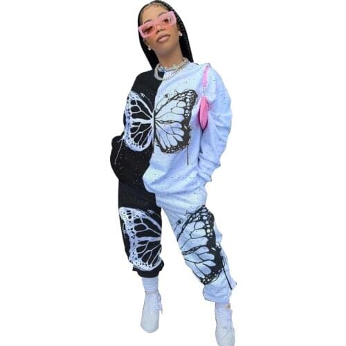 2 Piece Butterfly Outfit for Women Pullover Long Sleeve Sweat Suit Sweatpants Sets Lounge Wear Tracksuit Wholesale Dropshipping