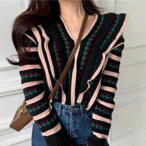 Early autumn lazy wind Pullover jacquard contrast color sweater women 2021 new loose fungus edge sweater top womens fashion