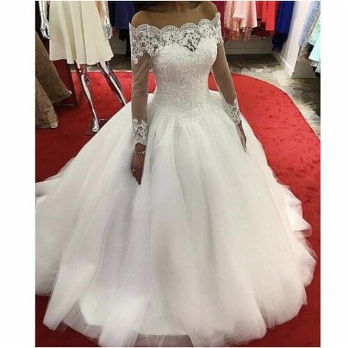 Robe De Mariee 2021 ball gown off the long sleeve wedding dress sexy lace appliques beaded stylish bridal gowns Vestido De Noiva